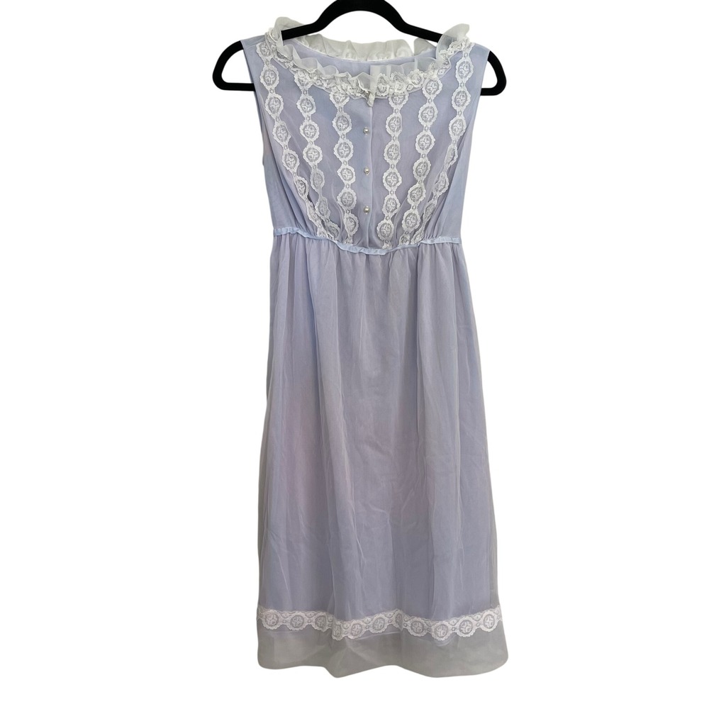 Vintage Snowdon Pastel Blue Lace Sheer Nylon Nightgown S Faux Pearl Back Tie USA